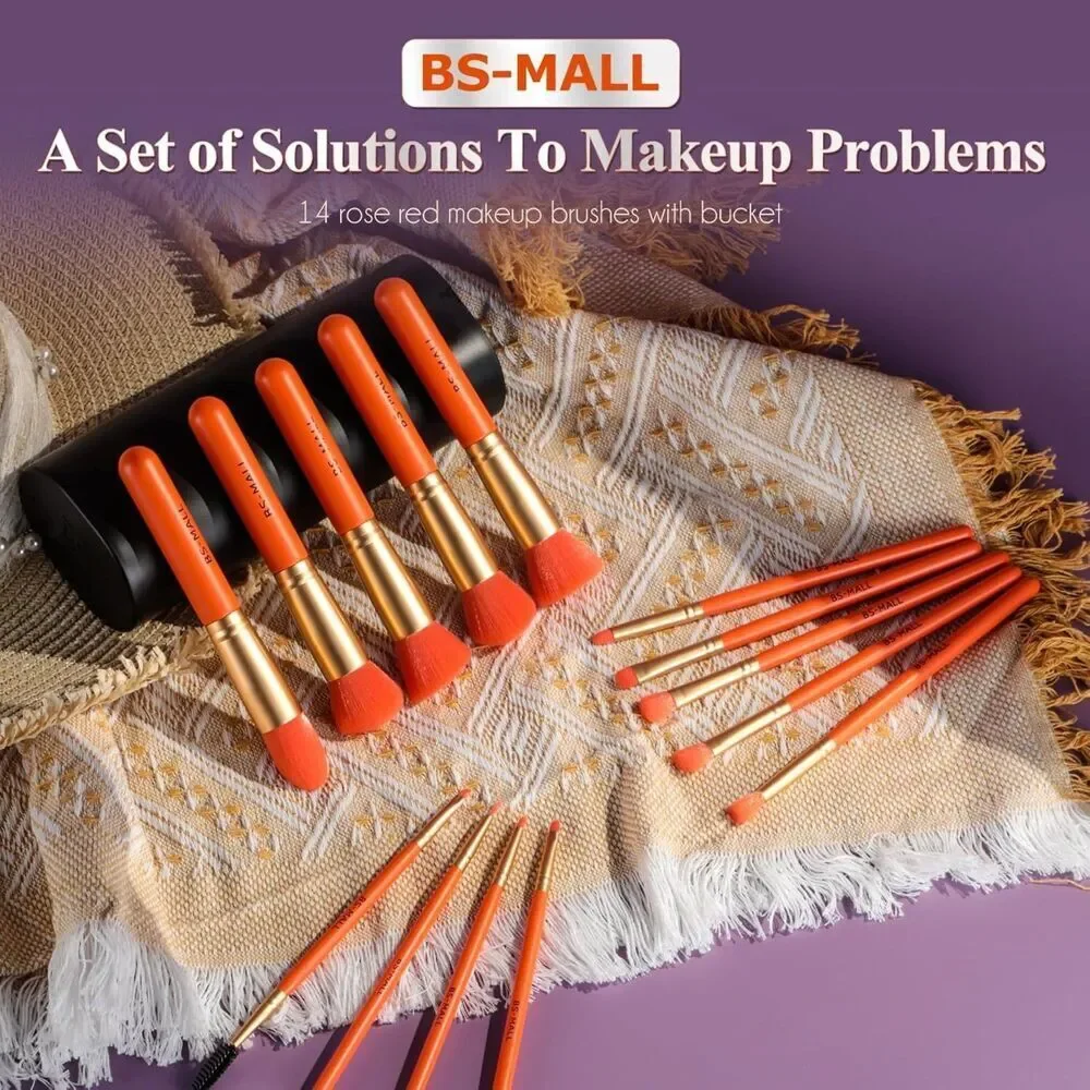 Bs-Mall 14 Pieces Orange Makeup Brush Set Luxury Cosmetic Brush Kit With Case